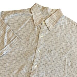 Izod Luxury Sport Linen Shirt Men Large Gray Blue Plaid Short Sleeve Button Down